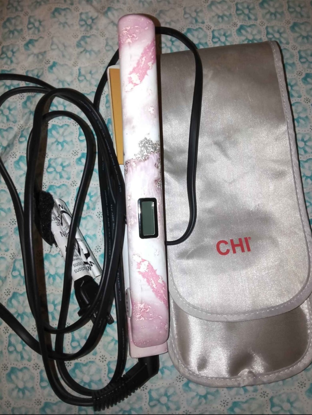 CHI Pink Marble Digital Hair Straightener with Heat-Resistant Pouch